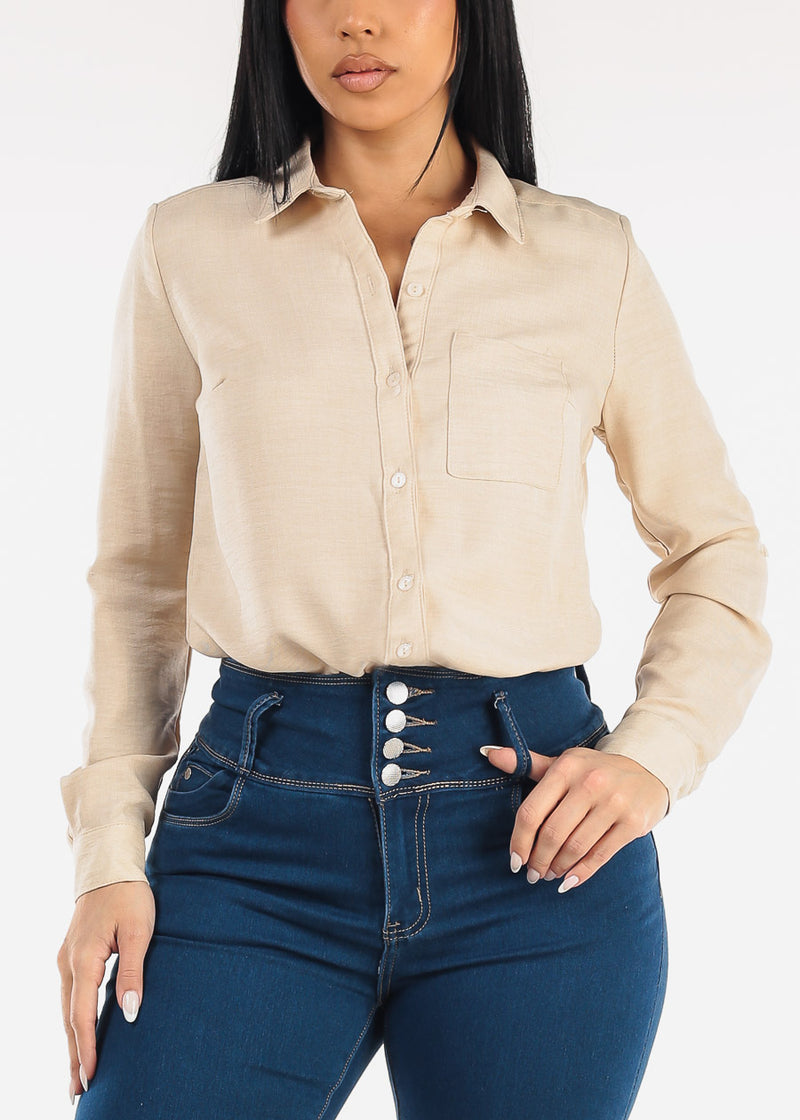 Long Sleeve Button Up Linen Collared Blouse Beige