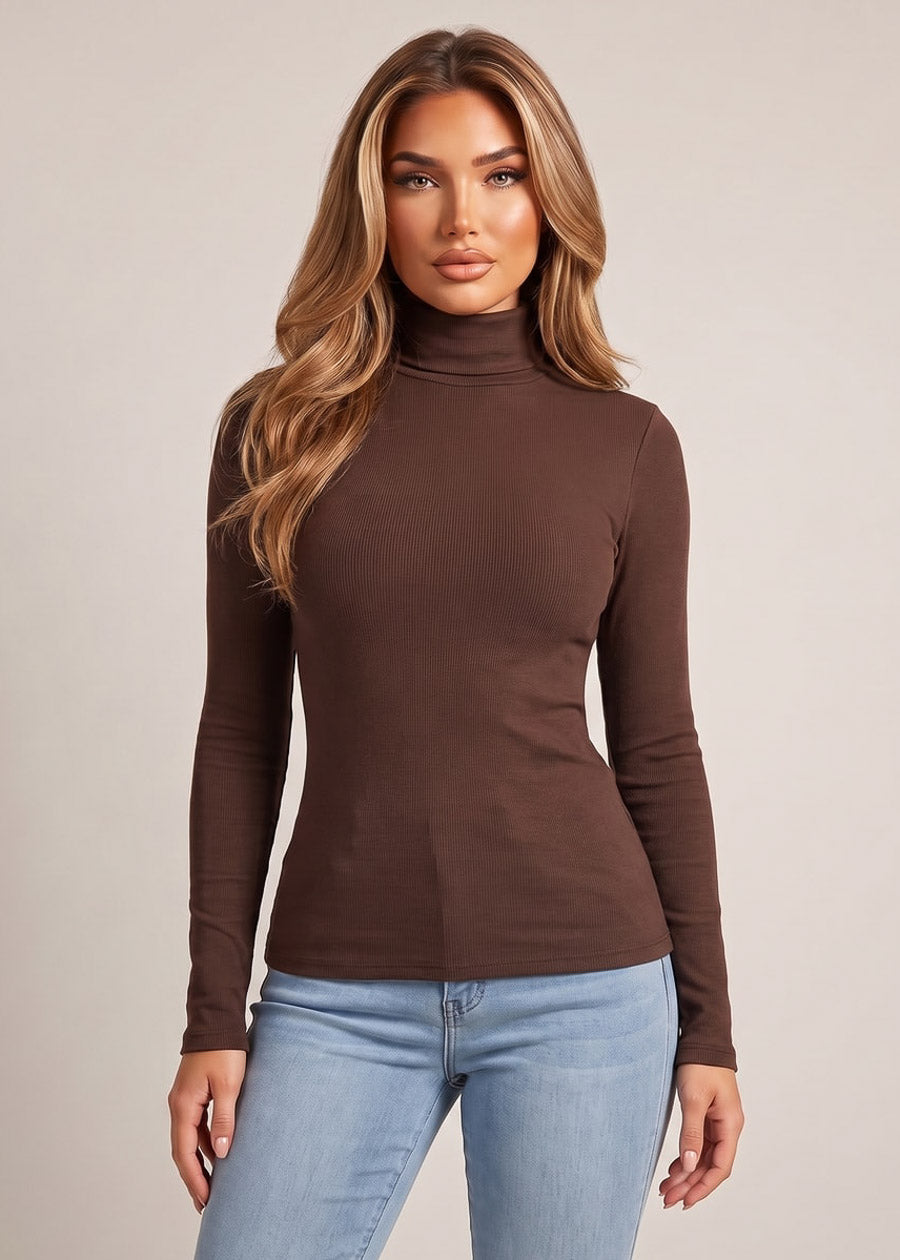 Long Sleeve Mock Neck Brushed Rib Stretch Top Brown, view 3 of 4
