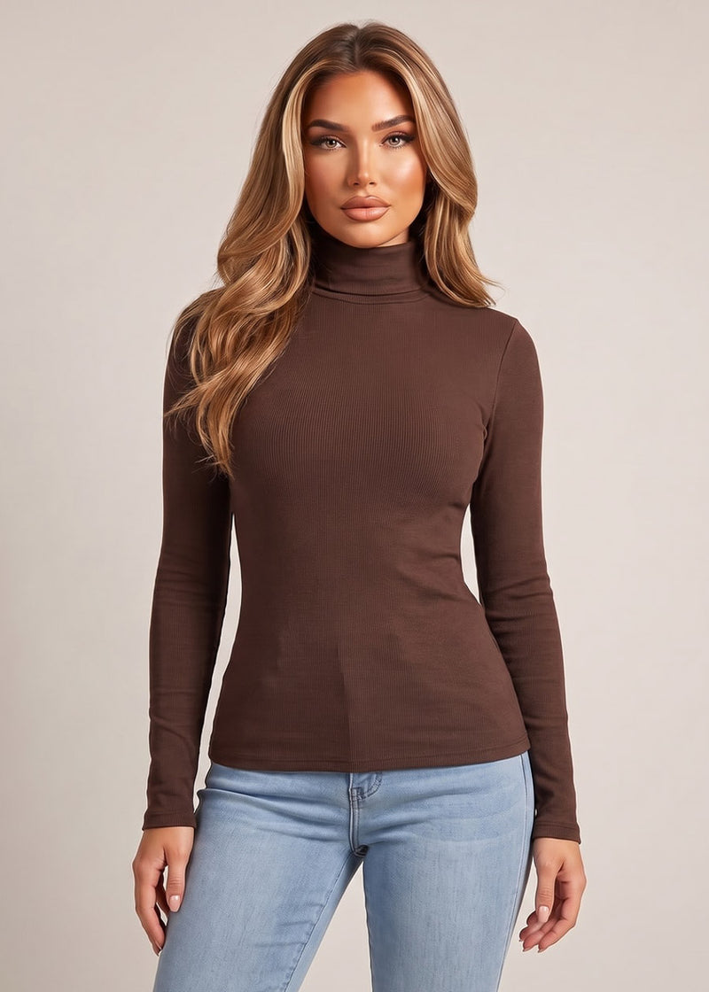 Long Sleeve Mock Neck Brushed Rib Stretch Top Brown