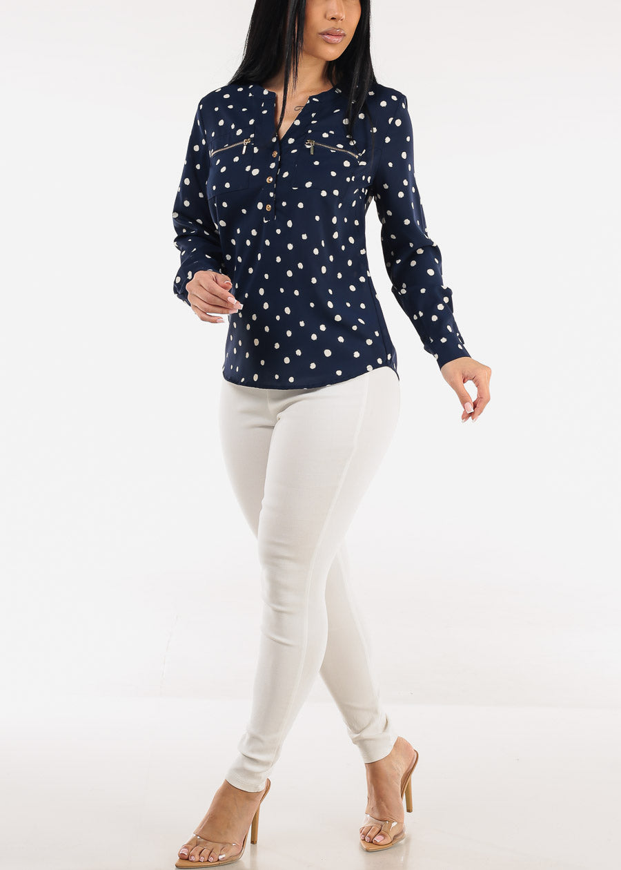 Long Sleeve Polka Dot Blouse Navy