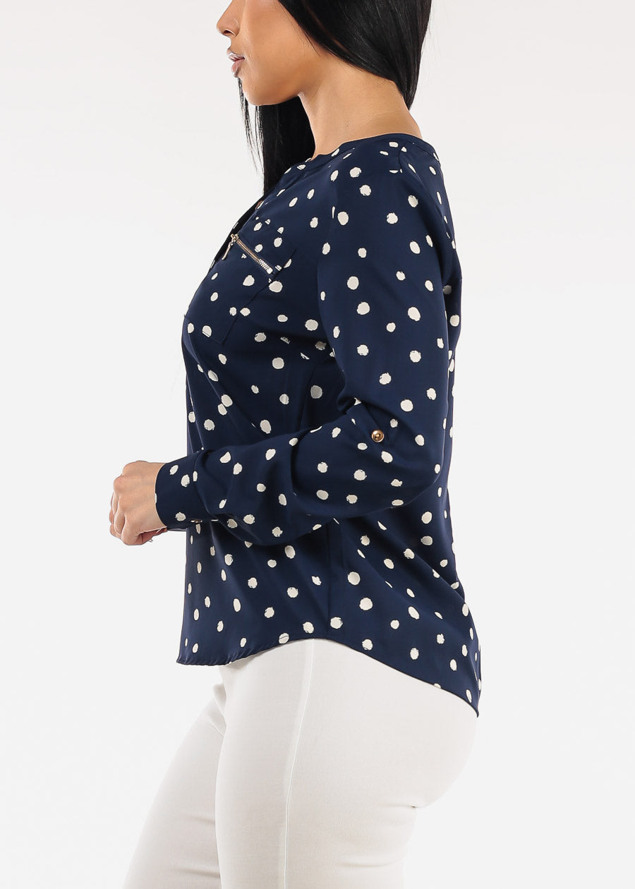 Long Sleeve Polka Dot Blouse Navy