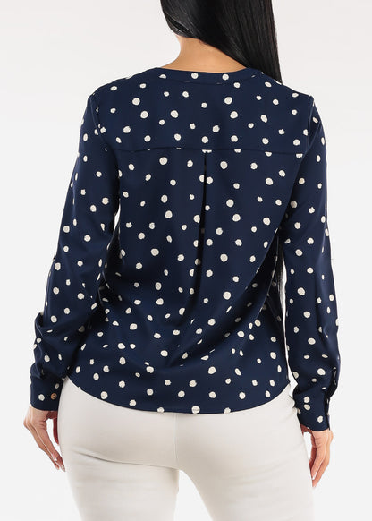 Long Sleeve Polka Dot Blouse Navy