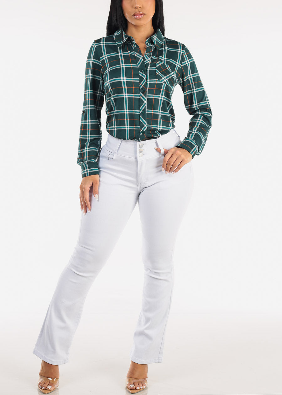 Stretch Long Sleeve Plaid Button Up Collared Blouse Hunter Green