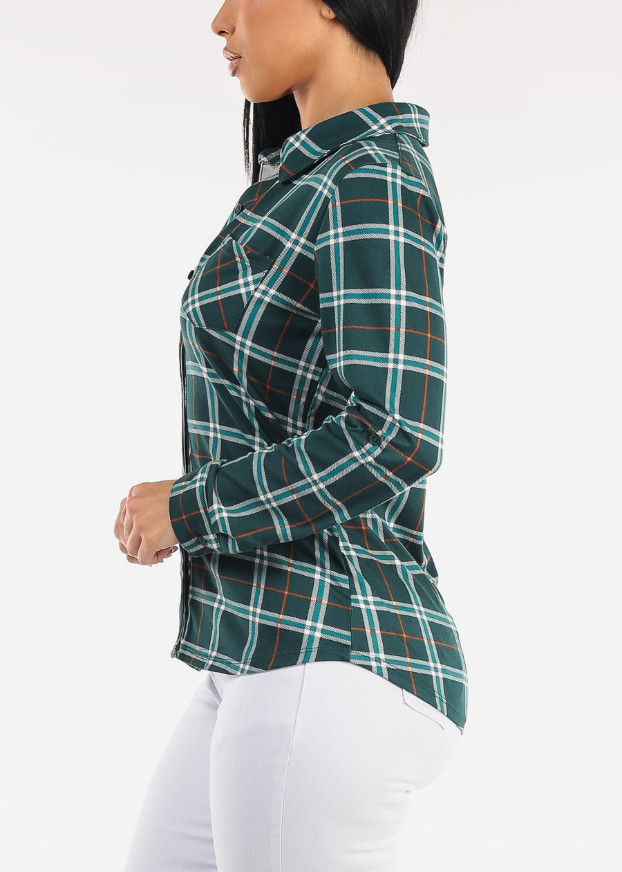Stretch Long Sleeve Plaid Button Up Collared Blouse Hunter Green
