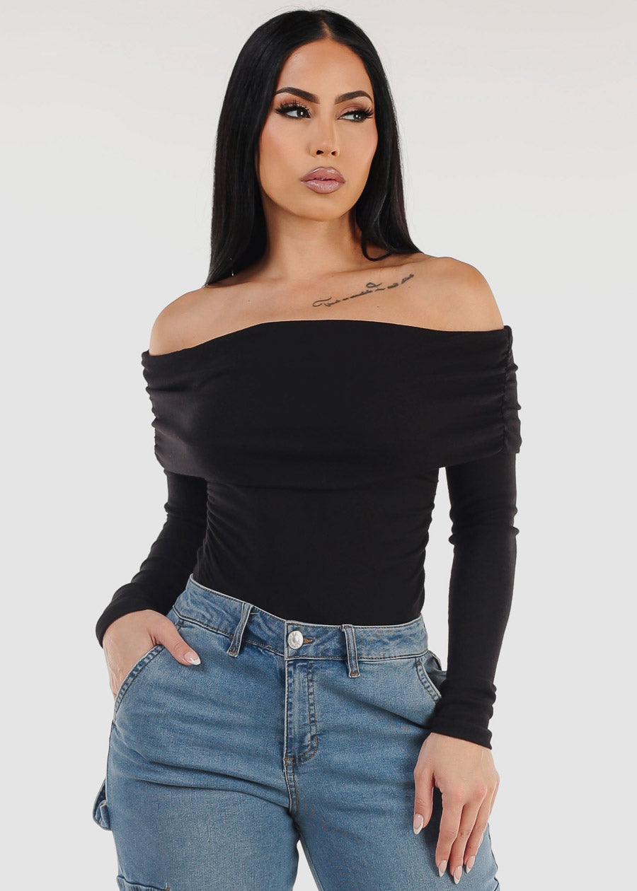 Ruched Off Shoulder Black Top