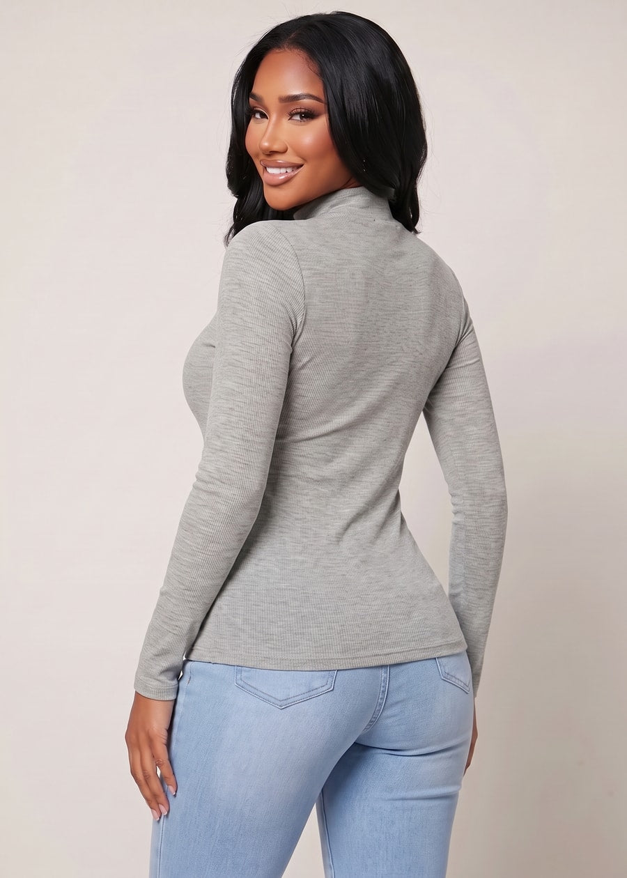 Long Sleeve Mock Neck Brushed Rib Stretch Top Heather Grey, view 2 of 4