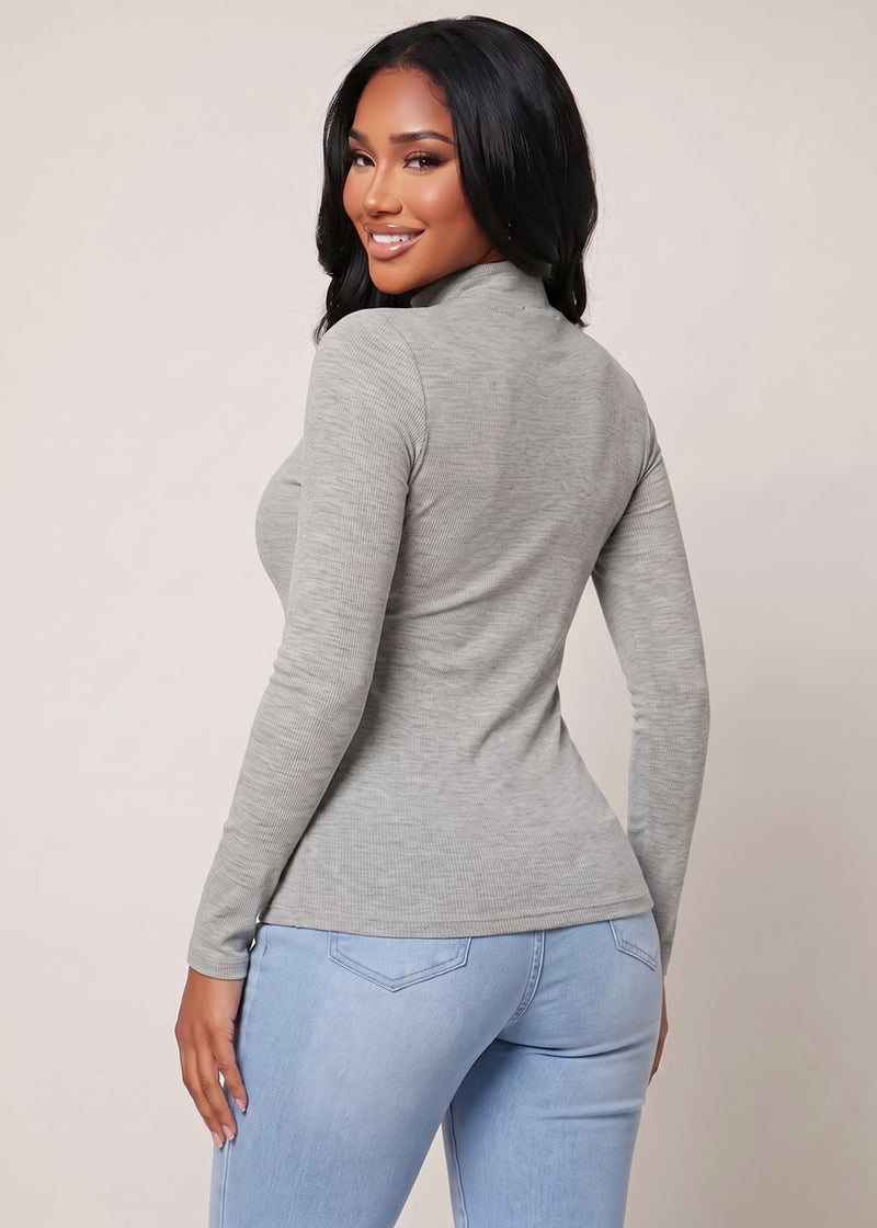 Long Sleeve Mock Neck Brushed Rib Stretch Top Heather Grey