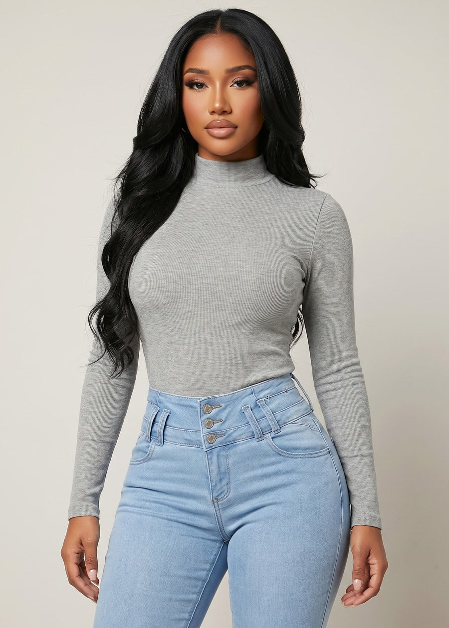 Long Sleeve Mock Neck Brushed Rib Stretch Top Heather Grey, view 3 of 4