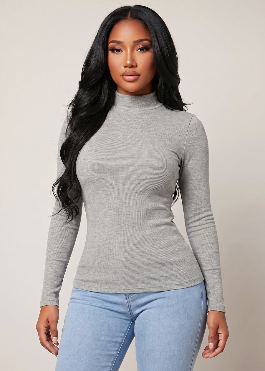 Long Sleeve Mock Neck Brushed Rib Stretch Top Heather Grey, view 1 of 4