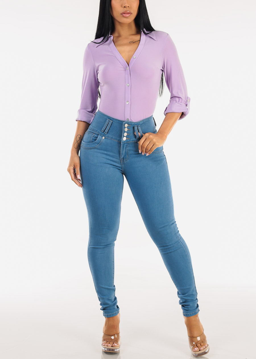 Stretchy Long Sleeve Button Down Collared Blouse Lilac