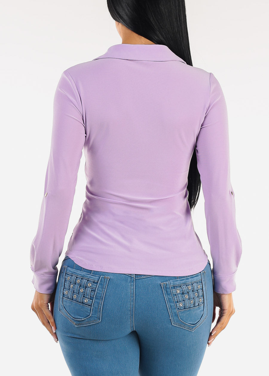 Stretchy Long Sleeve Button Down Collared Blouse Lilac
