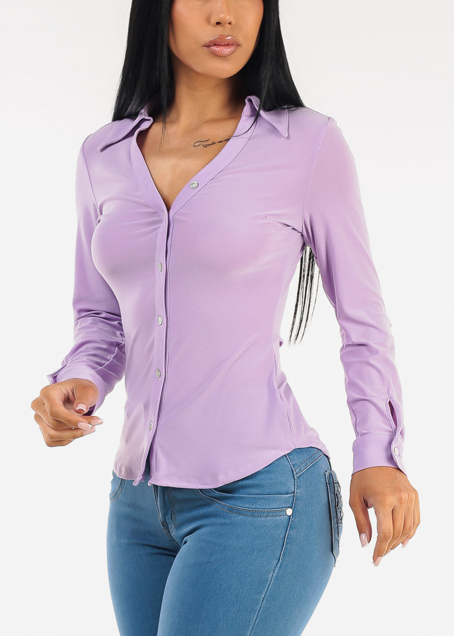 Stretchy Long Sleeve Button Down Collared Blouse Lilac