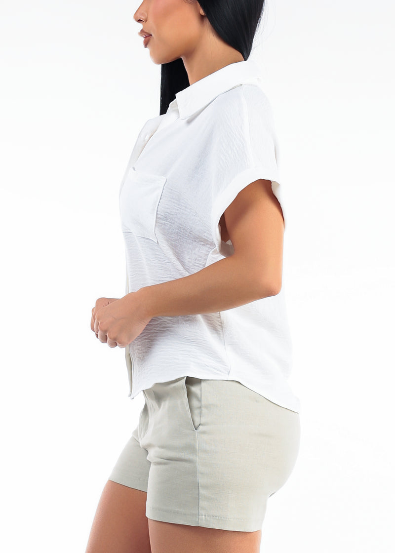 Short Sleeve Button Down Lightweight Blouse White