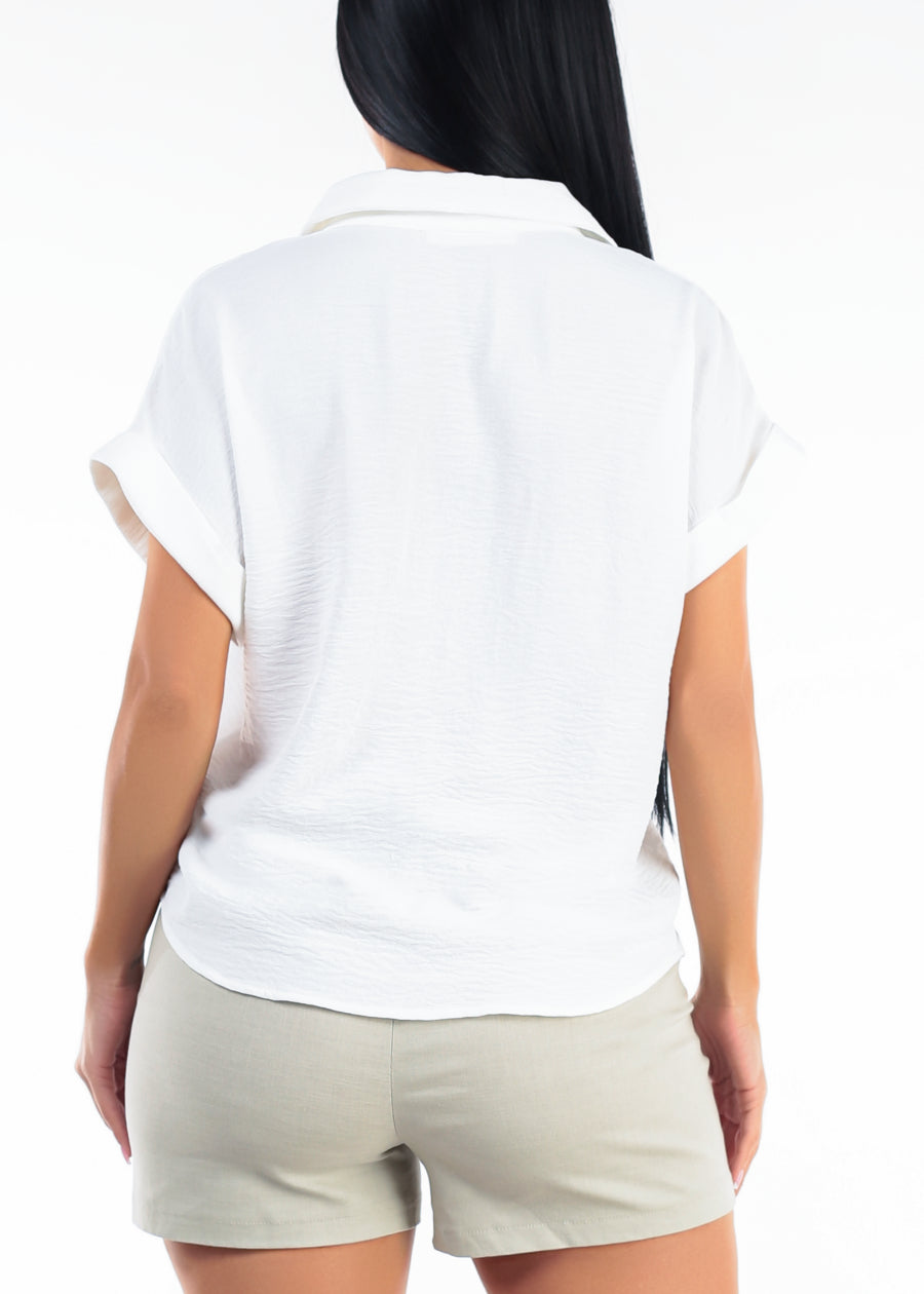 Short Sleeve Button Down Lightweight Blouse White