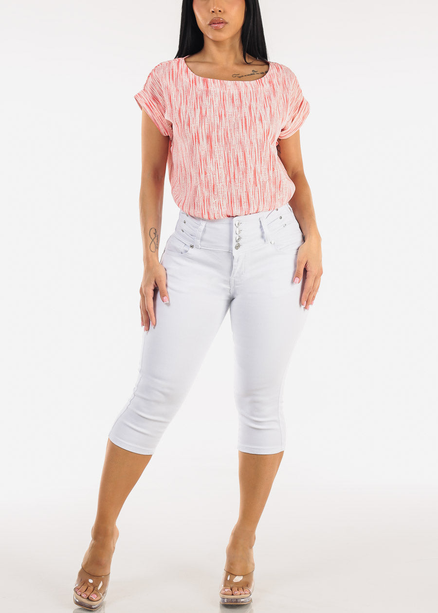 Short Sleeve Round Neck Printed Blouse Coral