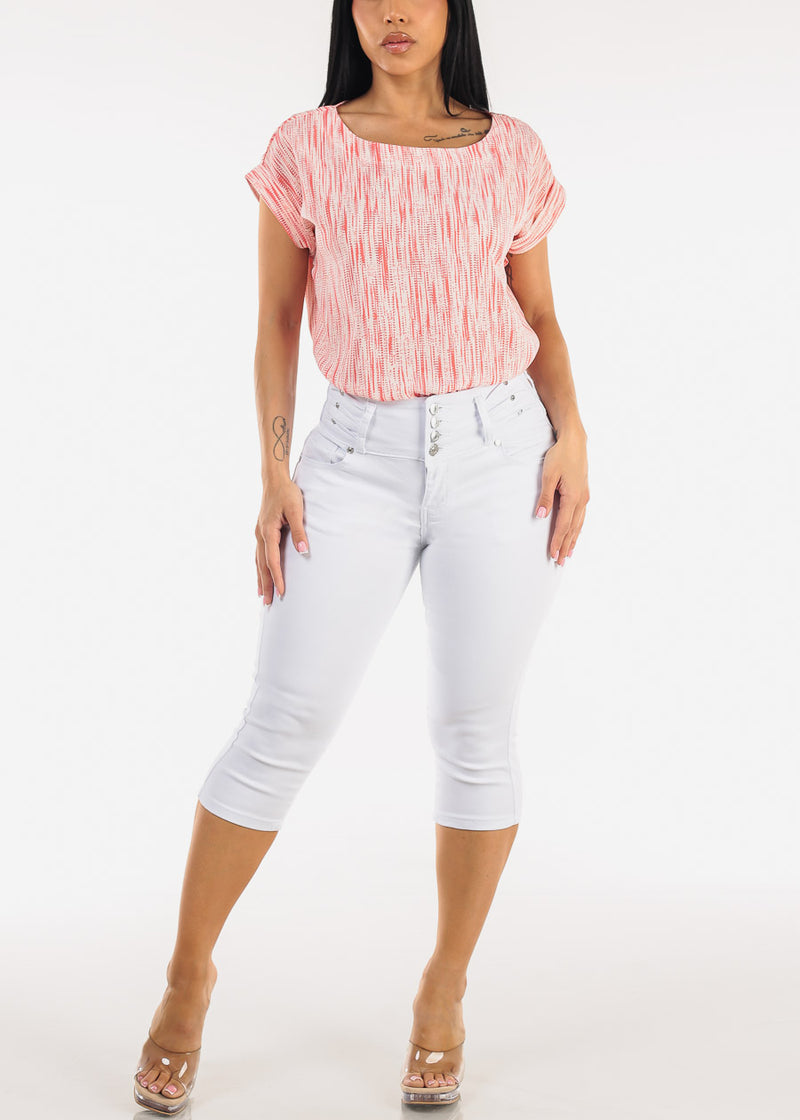 Short Sleeve Round Neck Printed Blouse Coral