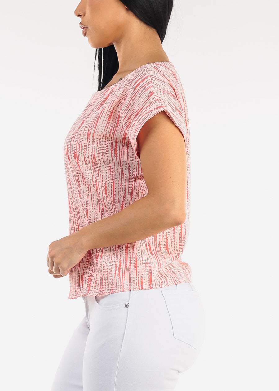 Short Sleeve Round Neck Printed Blouse Coral