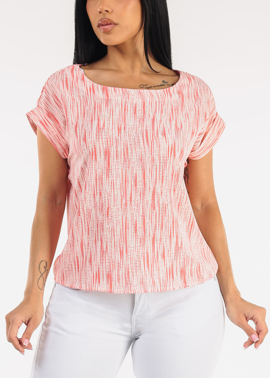 Short Sleeve Round Neck Printed Blouse Coral