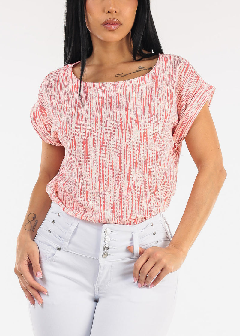 Short Sleeve Round Neck Printed Blouse Coral