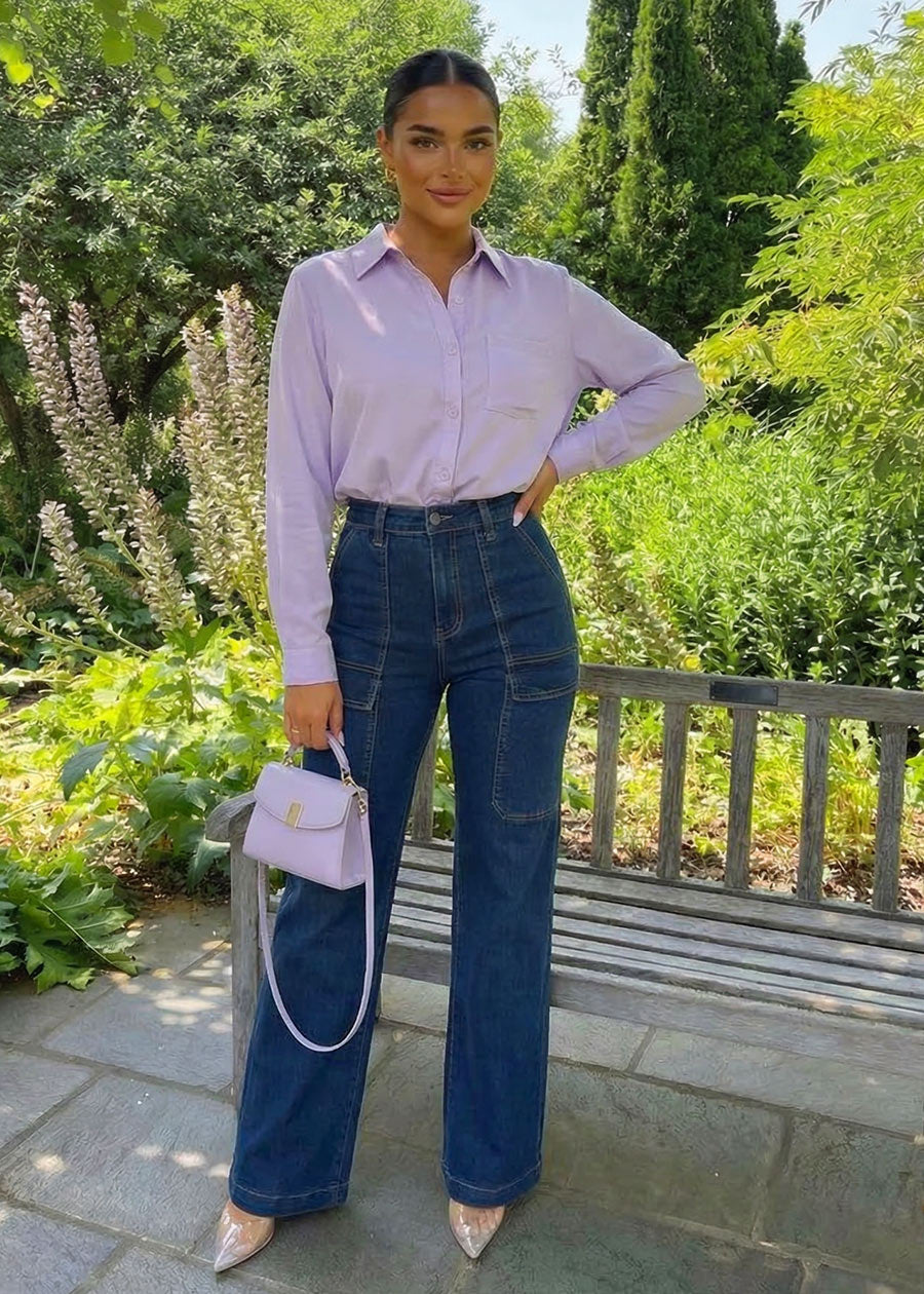 Long Sleeve Button Down Twill Collared Blouse Light Purple