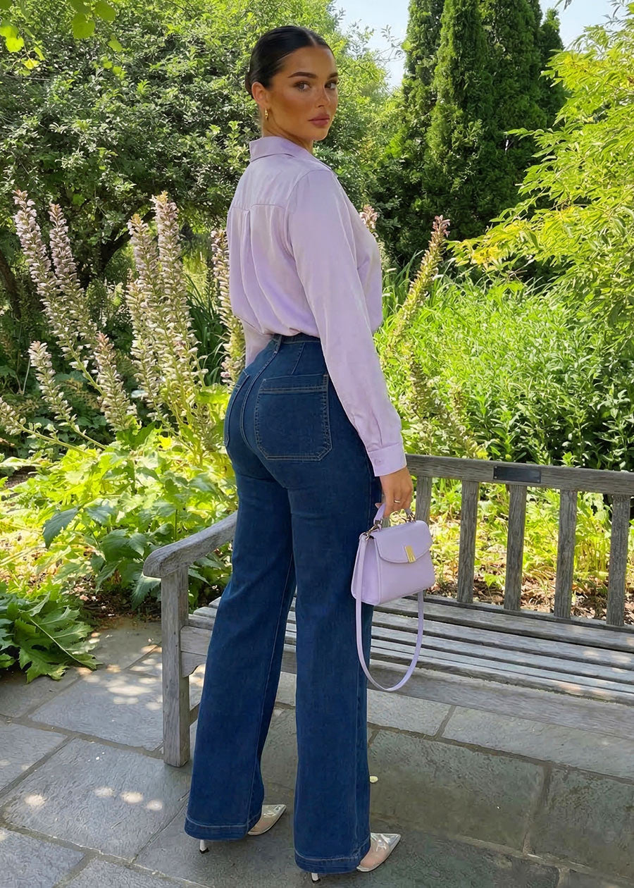 Long Sleeve Button Down Twill Collared Blouse Light Purple