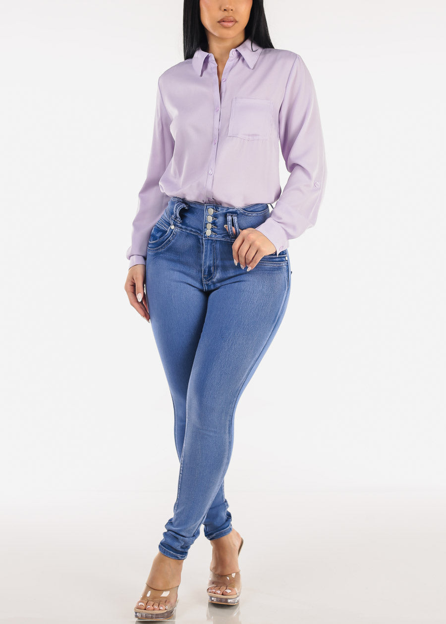 Long Sleeve Button Down Twill Collared Blouse Light Purple