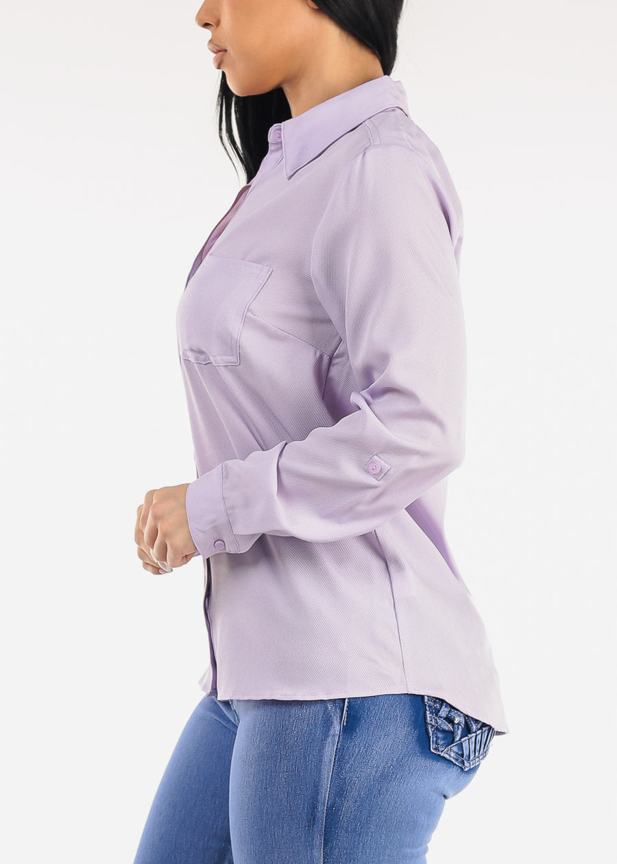 Long Sleeve Button Down Twill Collared Blouse Light Purple