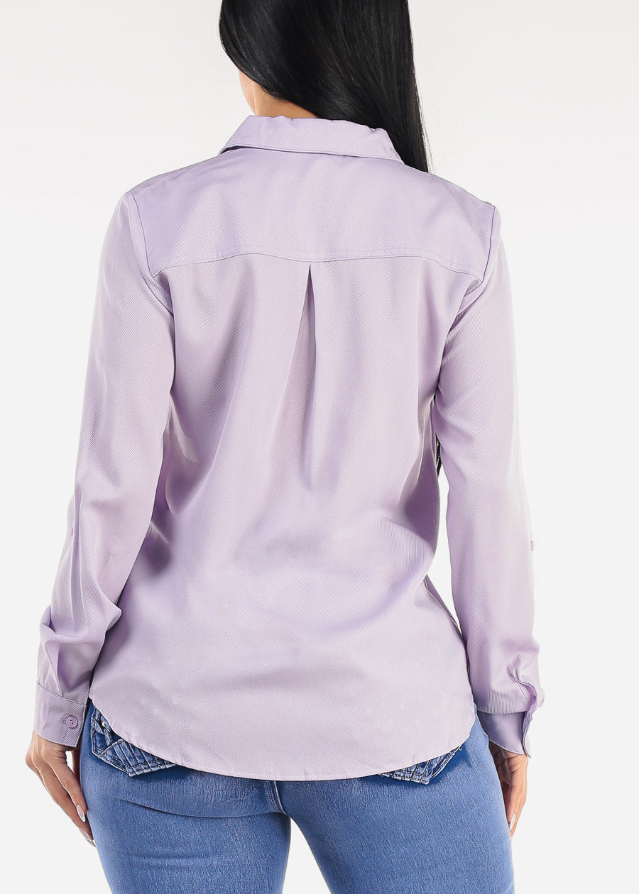 Long Sleeve Button Down Twill Collared Blouse Light Purple