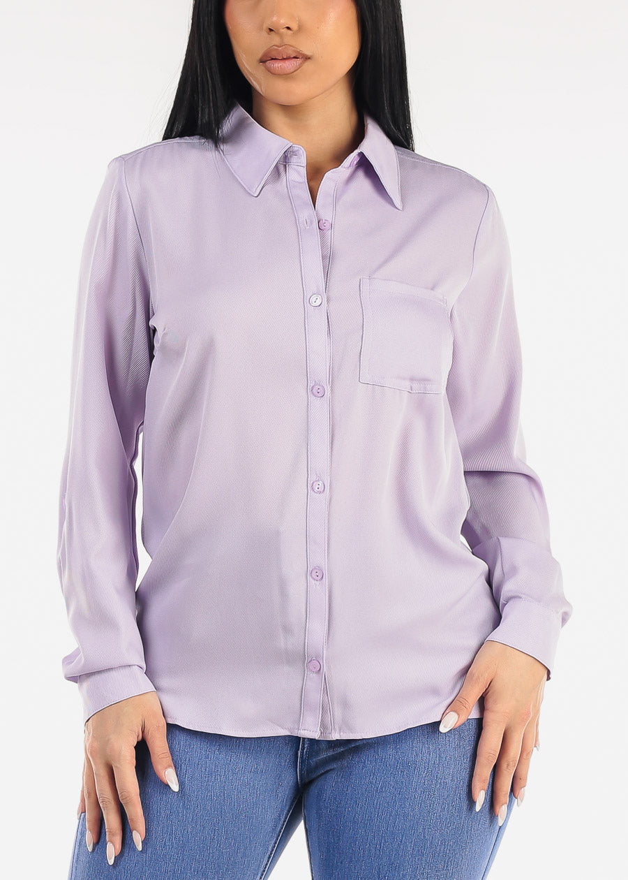 Long Sleeve Button Down Twill Collared Blouse Light Purple