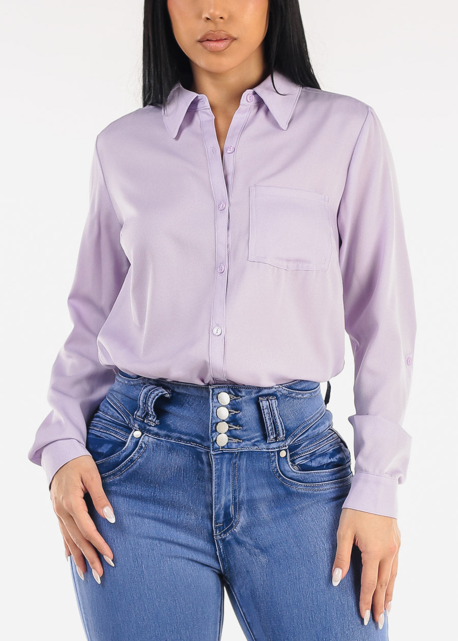 Long Sleeve Button Down Twill Collared Blouse Light Purple