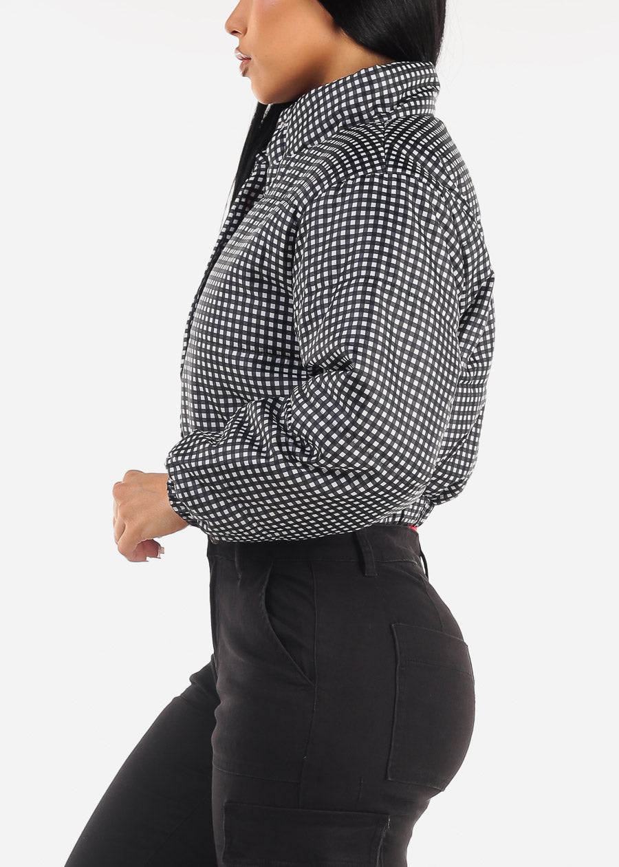 Long Sleeve Plaid Cropped Puffer Jacket B&W