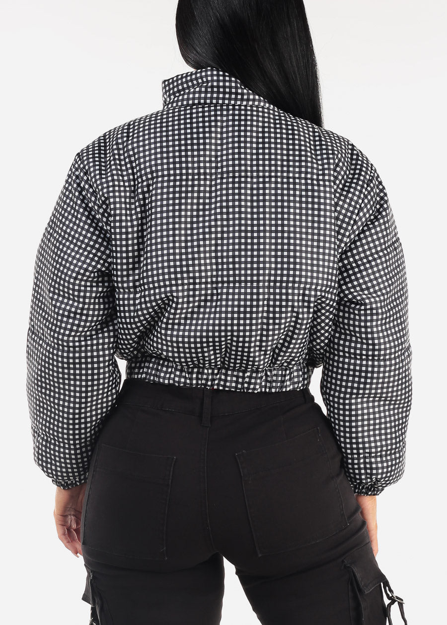 Long Sleeve Plaid Cropped Puffer Jacket B&W