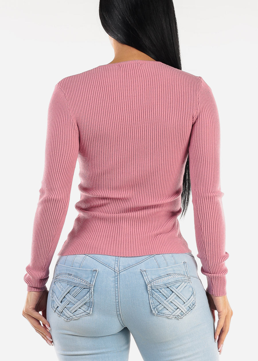 Long Sleeve Vneck Ribbed Sweater Top Dark Pink