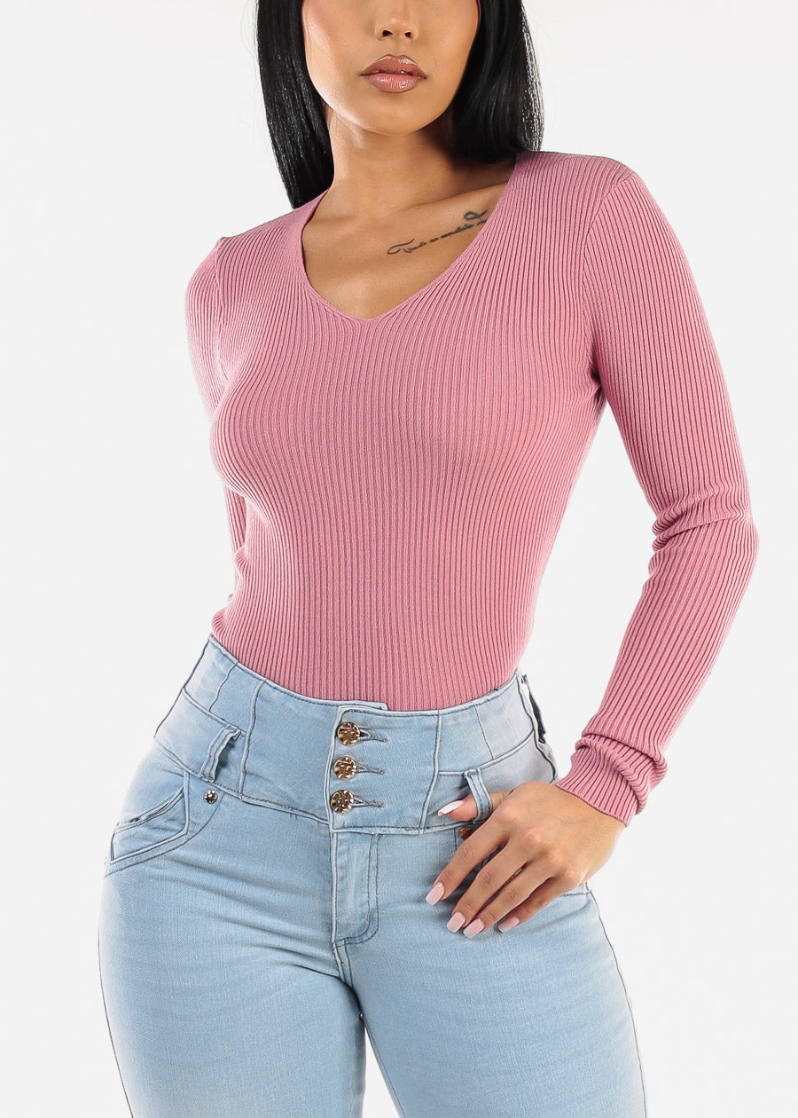 Long Sleeve Vneck Ribbed Sweater Top Dark Pink