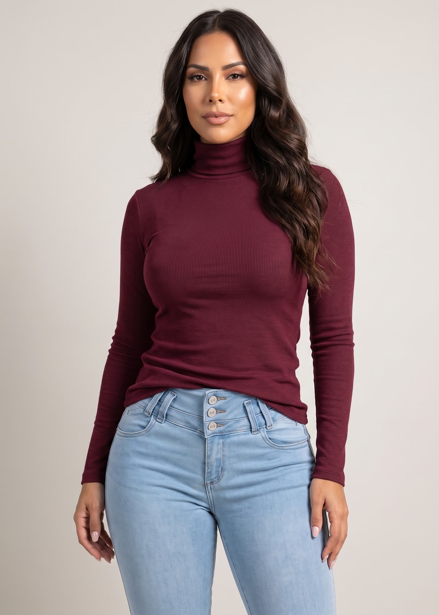 Long Sleeve Mock Neck Brushed Rib Stretch Top Burgundy, view 1 of 2