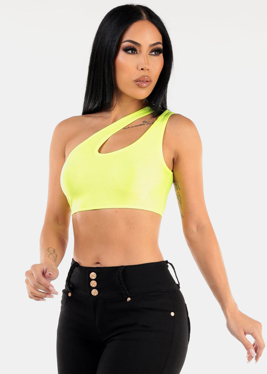 One Shoulder Cut Out Crop Top Neon Lime