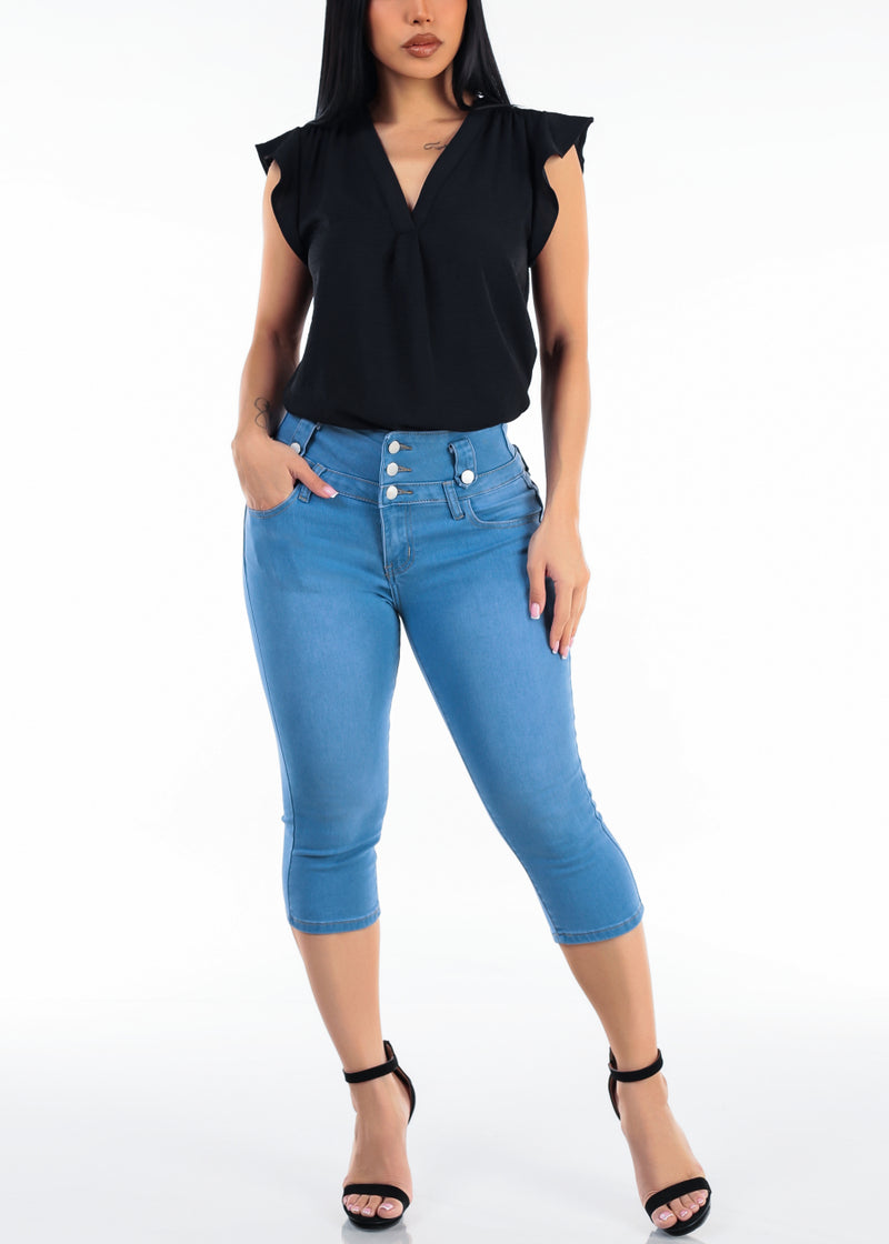 Black Short Sleeve Vneck Lightweight Blouse