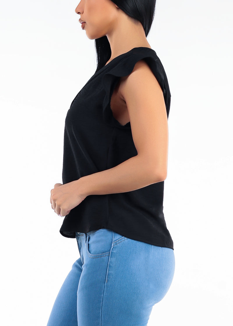 Black Short Sleeve Vneck Lightweight Blouse