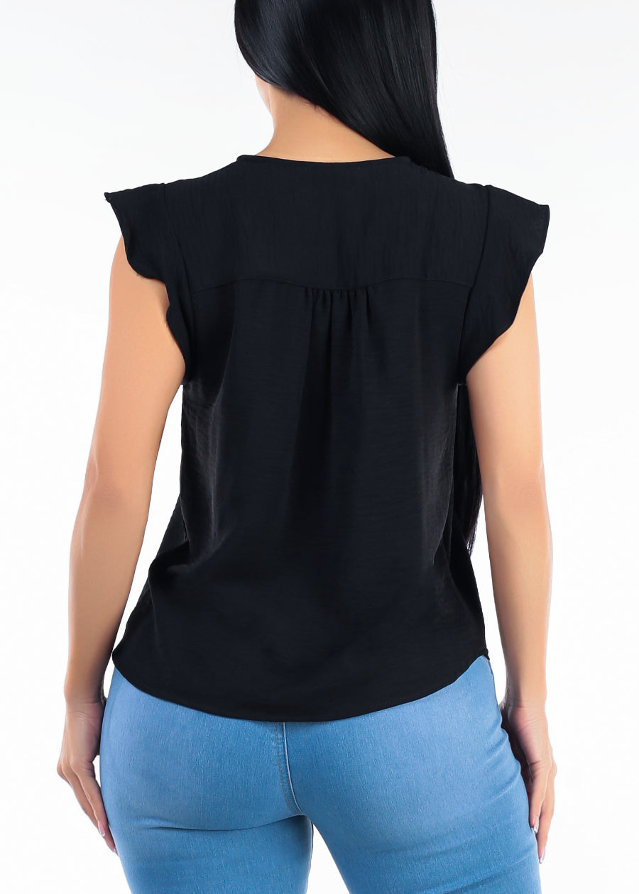 Black Short Sleeve Vneck Lightweight Blouse