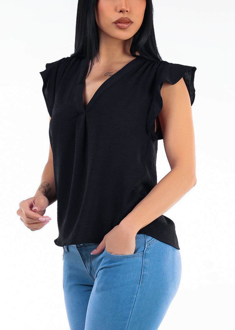 Black Short Sleeve Vneck Lightweight Blouse