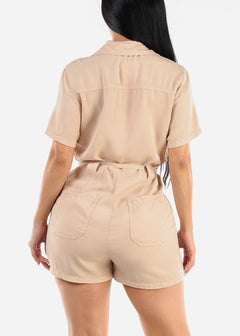 Short Sleeve Button Up Belted Romper Khaki