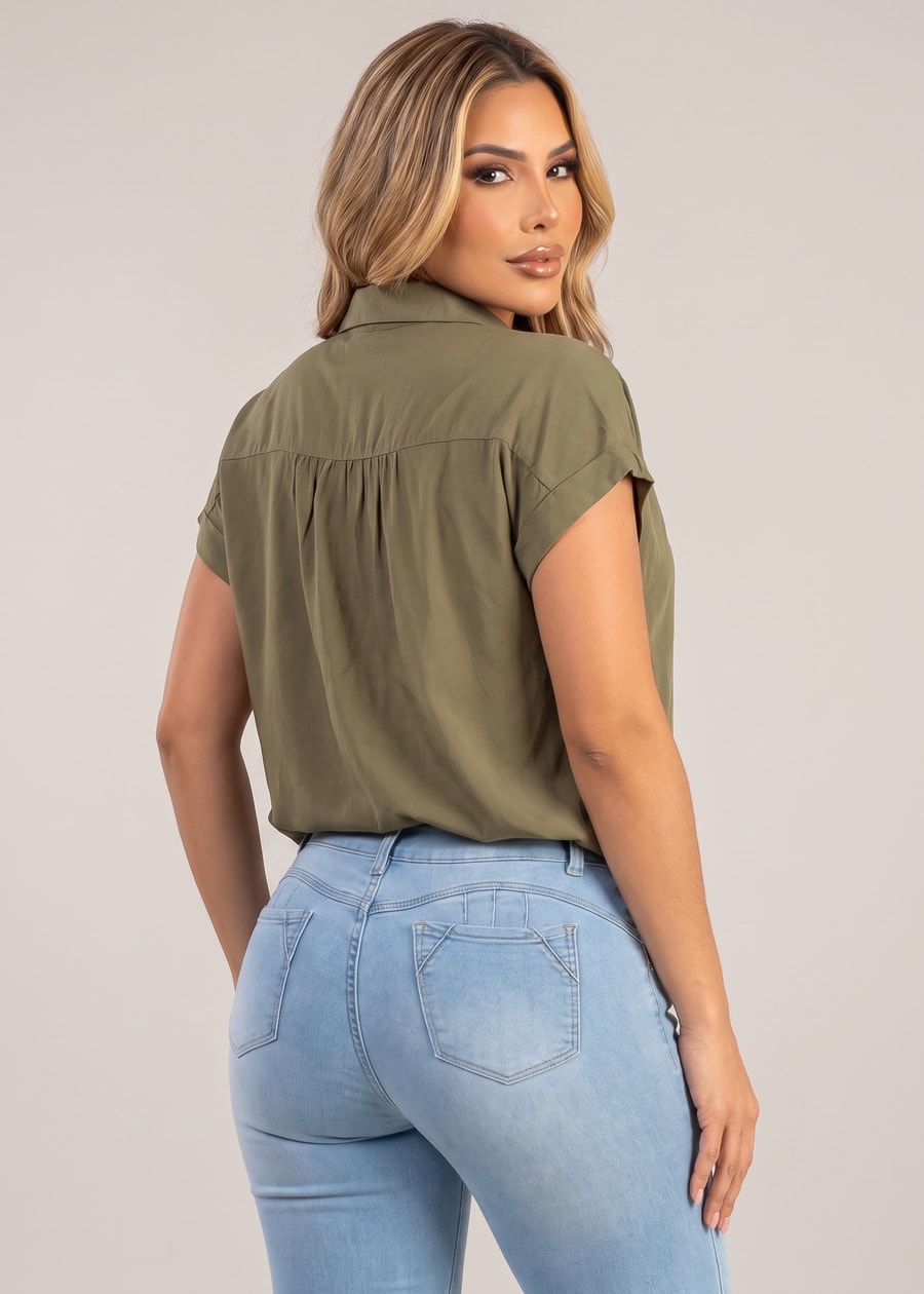 Puff Short Sleeve Button Up Cotton Collared Blouse Olive, view 2 of 2