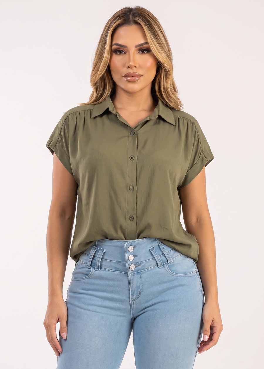 Puff Short Sleeve Button Up Cotton Collared Blouse Olive, view 1 of 2