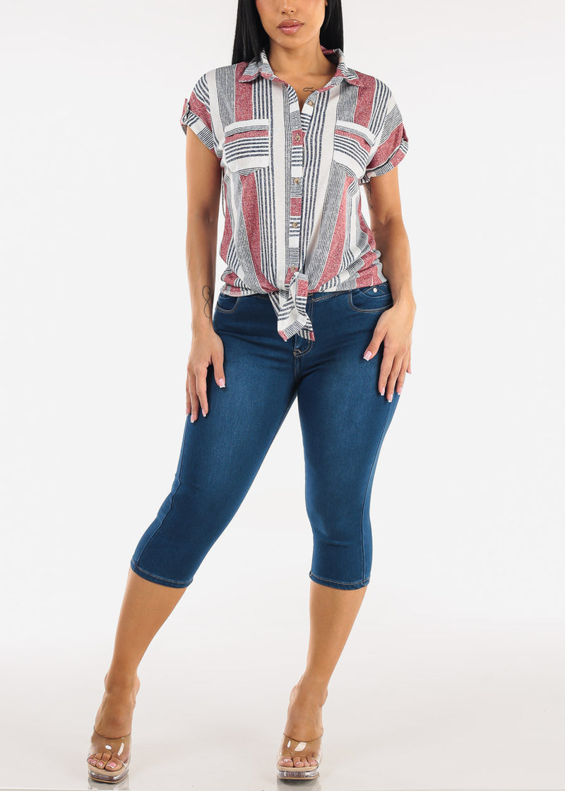 Short Sleeve Tie Front Button Up Stripe Blouse Ivory & Red