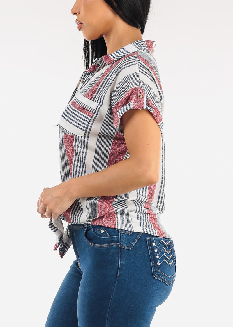 Short Sleeve Tie Front Button Up Stripe Blouse Ivory & Red