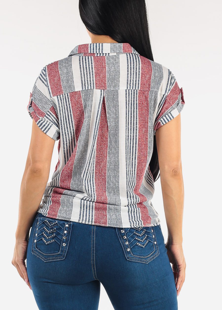 Short Sleeve Tie Front Button Up Stripe Blouse Ivory & Red