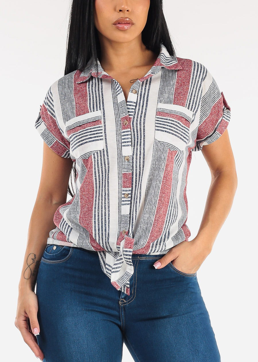 Short Sleeve Tie Front Button Up Stripe Blouse Ivory & Red