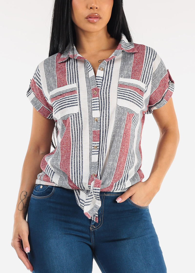 Short Sleeve Tie Front Button Up Stripe Blouse Ivory & Red