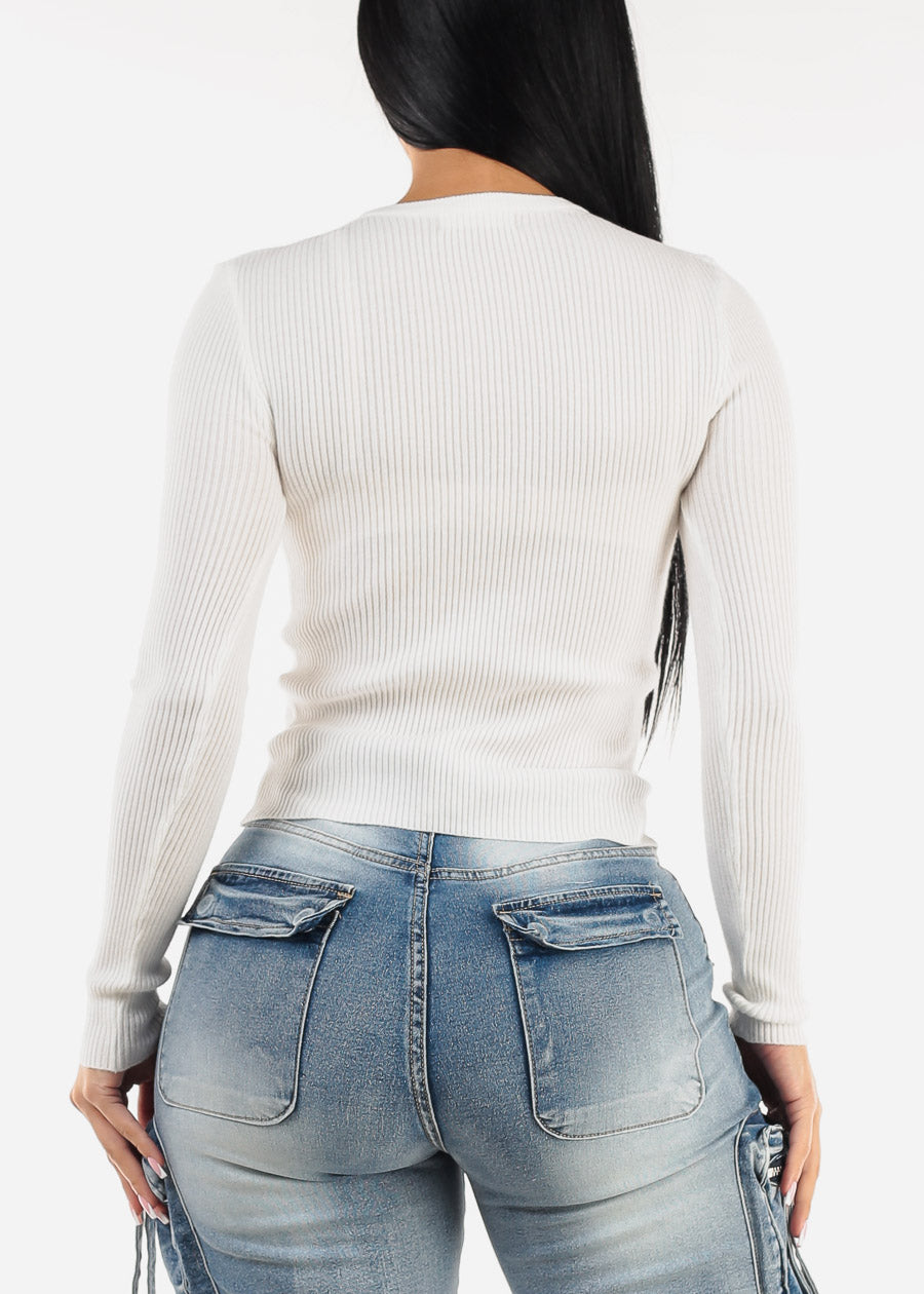 Long Sleeve White Crewneck Ribbed Sweater