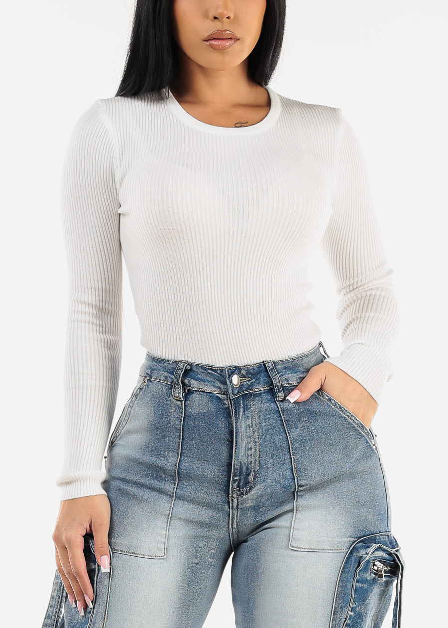 Long Sleeve White Crewneck Ribbed Sweater